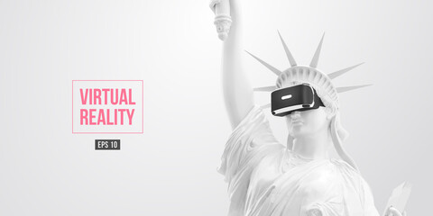 VR headset, future technology concept banner. 3d of the white statue of Liberty, woman wearing virtual reality glasses on white background. VR games. Vector illustration. Thanks for watching