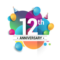 12th years anniversary logo, vector design birthday celebration with colorful geometric, Circles and balloons isolated on white background.