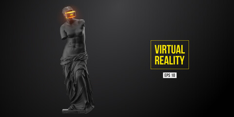 VR headset, future technology concept banner. 3d of the black statue of Venus, woman wearing virtual reality glasses on black background. VR games. Vector illustration. Thanks for watching © matrosovv