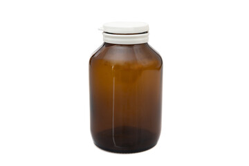 medicine brown glass bottle with plastic cap isolated on white background