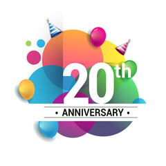 20th years anniversary logo, vector design birthday celebration with colorful geometric, Circles and balloons isolated on white background.