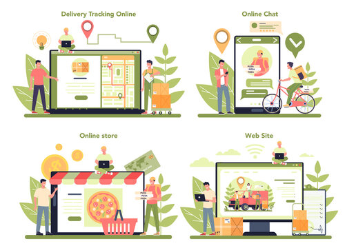 Delivery service online service or platform set. Courier in uniform