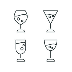 Wine glasses with bubbles, line icons set