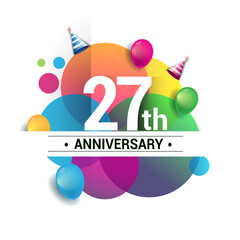 Obraz premium 27th years anniversary logo, vector design birthday celebration with colorful geometric, Circles and balloons isolated on white background.