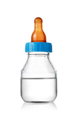 baby bottle with water on white background