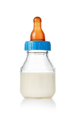 baby bottle whit milk isolated on total white