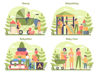 Babysitter service or nanny agency concept set. In-home babysitter.