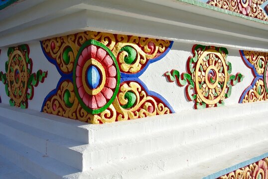 Corner floral decoration of the Dag Shang Buddhist temple. Panillo village, Huesca province, Aragon, Spain