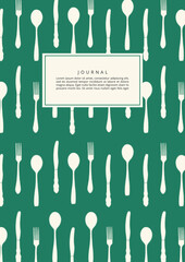 Cutlery pattern design for a food journal, diary, notebook cover. Illustrated background with forks, spoons and knives - 354328928
