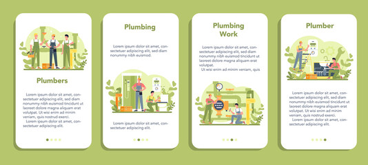 Fototapeta na wymiar Plumbing service mobile application banner set. Professional repair