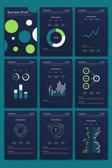 Modern infographic vector elements for business brochures. Use in website, corporate brochure, advertising and marketing. Pie charts, line graphs, bar graphs and timelines.