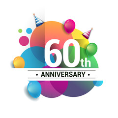 60th years anniversary logo, vector design birthday celebration with colorful geometric, Circles and balloons isolated on white background.
