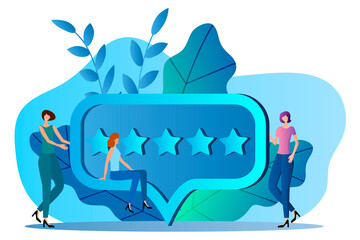 Feedback.People hold a banner with stars.Flat vector illustration.