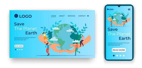 Fototapeta na wymiar Save The Planet Earth.People are saving the planet Earth.Template for the user interface of the site's home page.Landing page template.The adaptive design of the smartphone.vector illustration.