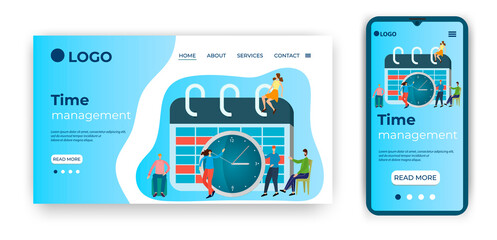 Time-management.People against the clock and calendar.Template for the user interface of the site's home page.Landing page template.The adaptive design of the smartphone.vector illustration.