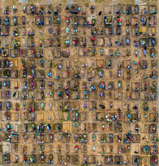 Aerial view of fresh graves at the Butovo cemetery on the outskirts of Moscow on May 28, 2020.
