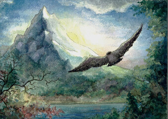 A falcon flying to the mountain in the morning, watercolor illustration