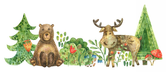 Naklejka premium Watercolor border of forest trees (fir trees, bushes, branches, berries). Illustration of animals, moose and bear