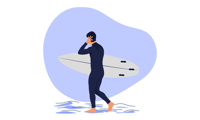 Illustration-Man Walking Beach With Surfing board