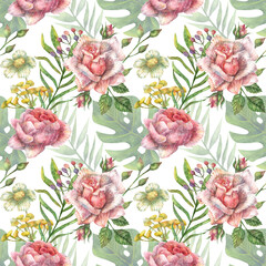 Watercolor seamless botanical pattern of bright pink wildflowers of peony, roses and other plants and tropical leaves.