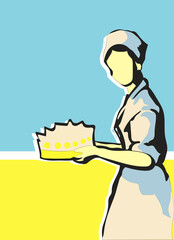 cook woman vector illustration, retro postcard