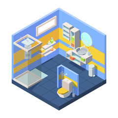 Fototapeta premium Bathroom isometric illustration. Compact bathroom concept closed shower toilet behind partition, corner with mirror combined washstand shelves storing towels shampoo soap. Isometric cartoon vector.