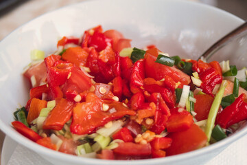 Traditional Southern Serbian salad - moravska or leskovska salata with tomato, grilled paprika, garlic, leek, parsley and olive oil