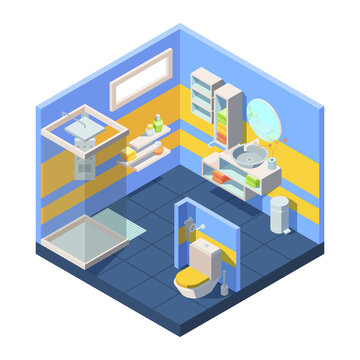 Bathroom Isometric Illustration. Compact Bathroom Concept Closed Shower Toilet Behind Partition, Corner With Mirror Combined Washstand Shelves Storing Towels Shampoo Soap. Isometric Cartoon Vector.