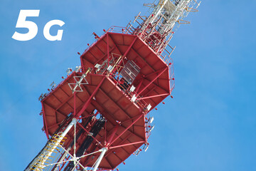 Inscription 5G and telecommunication, cellular tower and antenna. Radio tower with 4G, 5G network against blue sky.