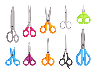 Scissors set. Universal hairdressers blue kitchen for cutting stationery long short orange surgical articulated sewing edges manicure green. Color vector flat.