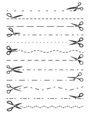 Scissors cut line set. Sharp silhouette stationery, surgical scissors with dotted wavy curved cut line black element precise cutting point geometric section paper. Vector silhouette style.