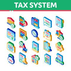 Tax System Finance Icons Set Vector. Isometric Tax System Building And Car, Document And Mail Notice, Abacus And Scales Illustrations