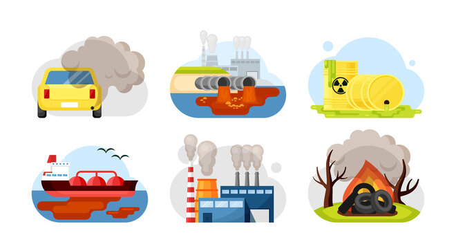Environmental pollution set. Car exhaust industrial wastewater radioactive toxic waste spilled oil factory combustion options burning plastic, trash tires. Cartoon vector style. © alex_cardo