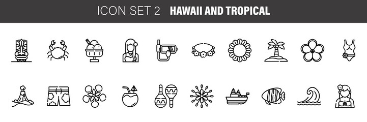 Vector set of Hawaiian and tropical icons and symbols. Instagram Highlight Stories .Outline set icons for web design isolated on white background