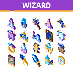 Wizard Magic Equipment Icons Set Vector. Isometric Wizard Wand And Hat, Sphere And Knife, Book And Ring, All-seeing Eye And Doll Illustrations