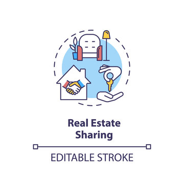 Real estate sharing concept icon. Communal coliving. Property rental. Apartment for sale. Cohousing idea thin line illustration. Vector isolated outline RGB color drawing. Editable stroke