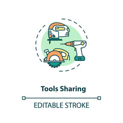 Tools sharing concept icon. Variety of instruments for building. Collaborative work on engineering project idea thin line illustration. Vector isolated outline RGB color drawing. Editable stroke