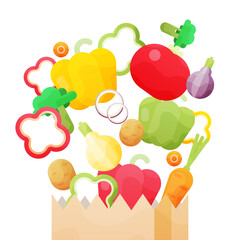 Vector illustration with Paper bag with fresh organic vegetables isolated on white background.