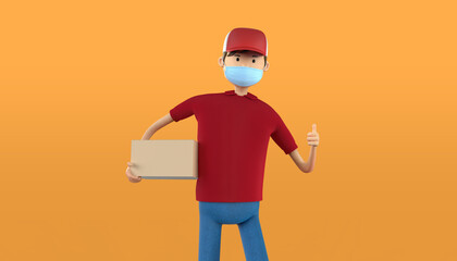 3D rendering of delivery guy with medical mask and parcel box. Red uniform deliveryman thumb up deliver express shipment. Shipping service during quarantine pandemic coronavirus virus 2019-ncov