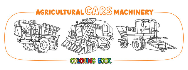 Fototapeta na wymiar Agricultural machinery funny cars coloring book set