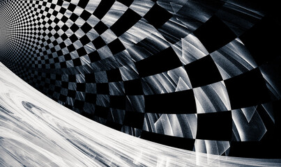 Creative solution of the racing flag concept - grunge style, there is graininess, blur. The theme of speed, the spirit of competition.