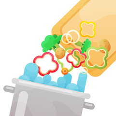 Steel cooking pot with fresh organic vegetables and chopping board.