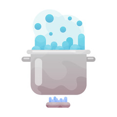 Boiling water in pan. Cooking pot on stove with water and steam.
