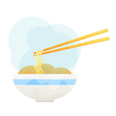 vector flat asian wok udon noodles in ceramic pot with bamboo sticks.