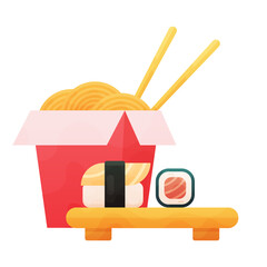 Ramen Noodles and sushi Vector flat Illustration on white background.