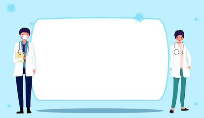 Male doctors and female doctors with empty space,Cute character,pink cheek,rosy cheek,vector illustration for graphic design,website or banner