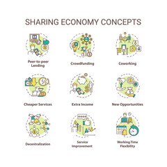 Sharing economy concept icons set. Service improvement with investment. Collaborative work on business project idea thin line RGB color illustrations. Vector isolated outline drawings. Editable stroke