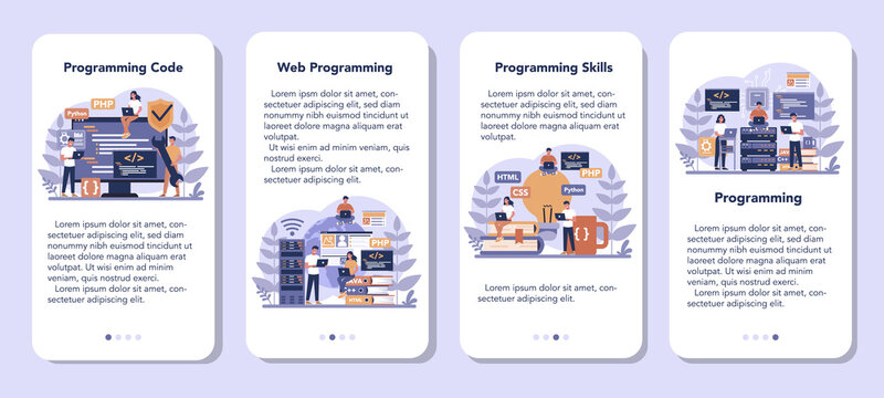Programming mobile application banner set. Idea of working