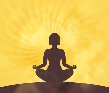 Yoga banner. Vector poster with girl silhouette in meditation and yellow blurry background with sun rays. Meditating woman in lotos pose. Spiritual health practice.