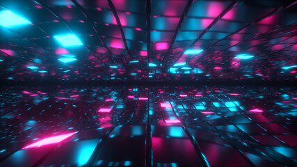 Fototapeta na wymiar Abstract flying in endless space of neon and metal cubes. Modern blue purple color spectrum of light. Glass metal walls. 3d illustration